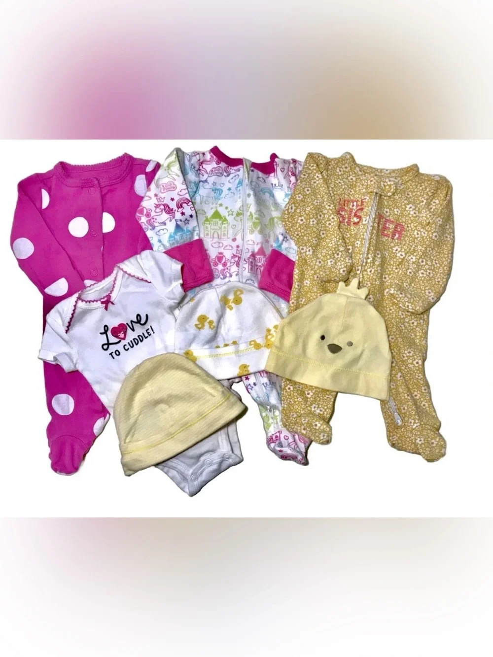 Carter's Baby Girls Newborn 3 Footed Sleepers 3 Beanie Caps Bodysuit 7 Piece Lot
